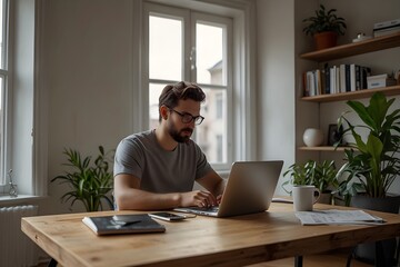 Obraz premium A bearded man wearing glasses is working on a laptop while sitting at a table in a bright home interior. He appears focused on his computer, with a large window, bookshelves, and indoor plants surroun