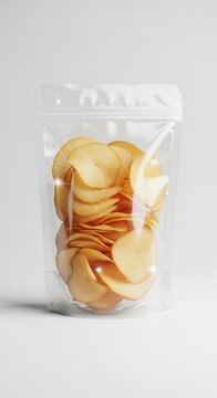 Crispy potato chips in a transparent plastic bag against a white backdrop