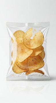 Crispy potato chips in a transparent package against a white background