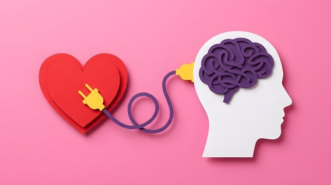 Conceptual image of a red heart plugged into a human brain for world mental health day awareness