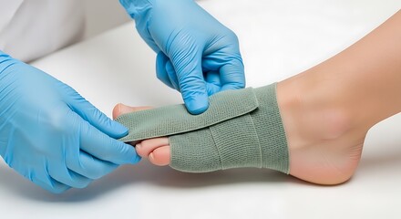 Fototapeta premium Medical Professional Applying Compression Bandage to Patient Foot