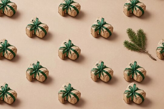 Christmas gift pattern with small wrapped presents and pine branch on beige background