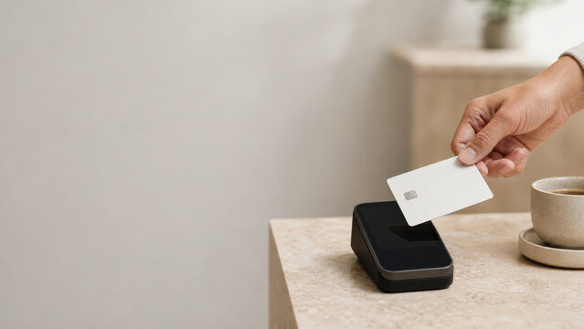 Cafe Card Payment at Contactless Terminal Beside Coffee Cup