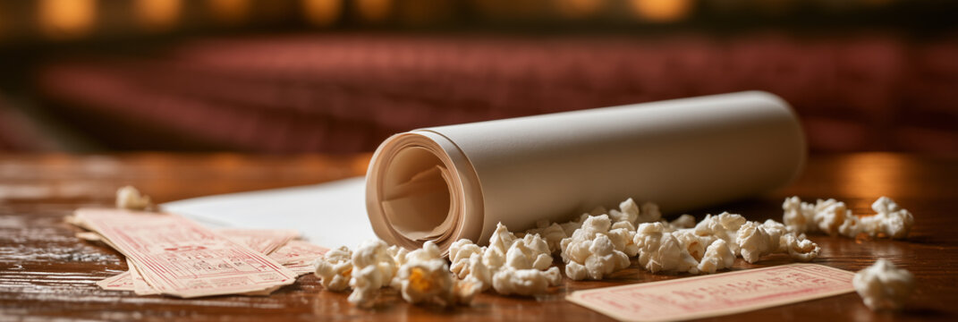 Empty rolled movie poster tube with popcorn on vintage wooden table