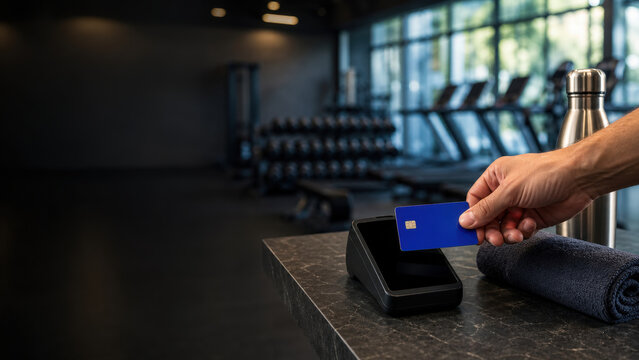 Fitness Club Card Payment with Gym Equipment and Copy Space