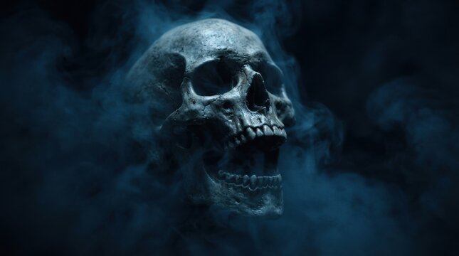 Side Profile Skull in Deep Blue Smoke With Dark Minimal Gothic Background