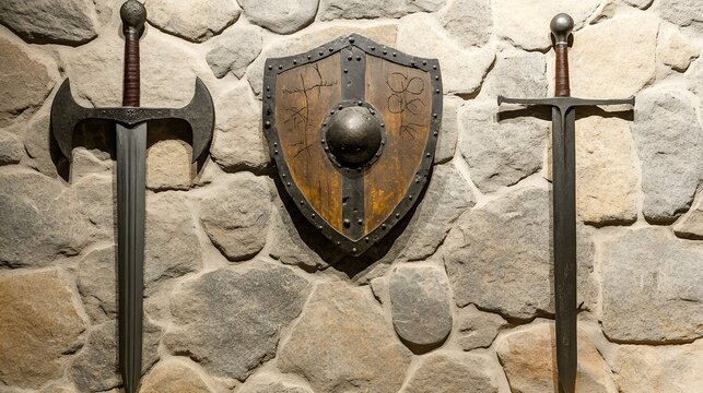Two swords and a wooden shield hang on a stone wall