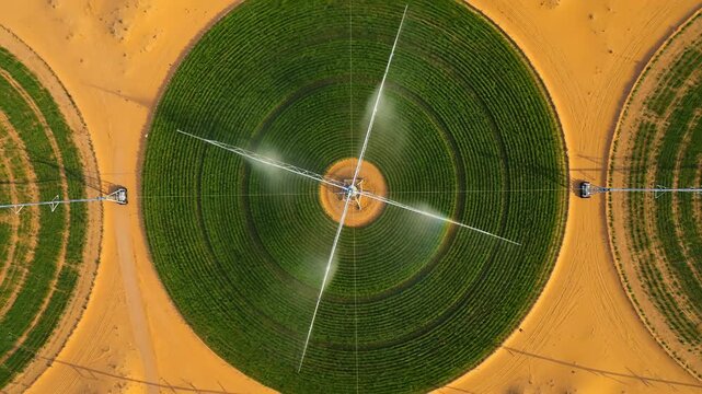 Aerial Drone View of a Green Circle Farm in the Desert &ndash; Precision Agriculture Technology