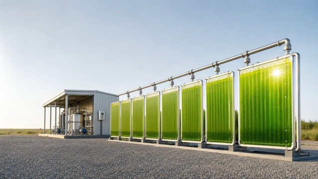 Algae Biofuel Photobioreactor Facility with Green Tubes and Wide Copy Space