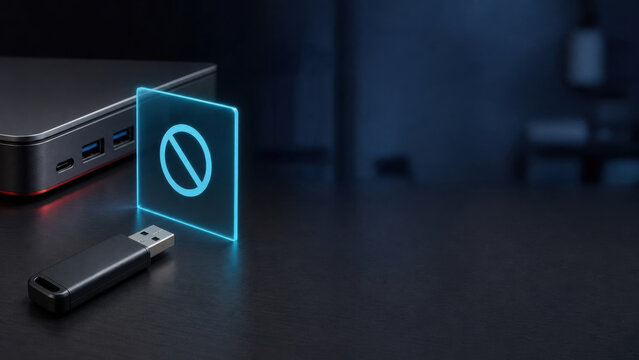 USB Data Loss Prevention Security Concept with Blocked Flash Drive and Copy Space