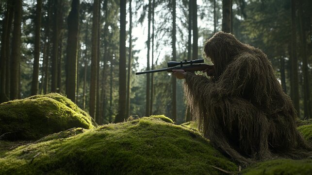 A camouflaged adult male sniper aims a rifle in a mossy forest