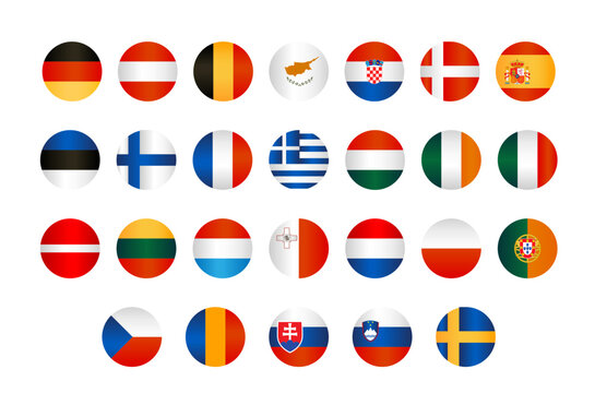 European Union flags icon set, circular badge vector illustrations of all EU member countries, flat design with subtle gradient, isolated on white background