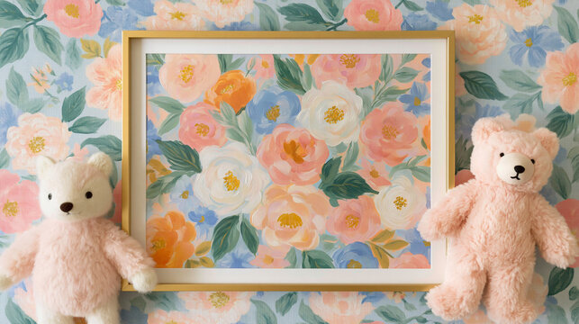 Teddy bears flanking a framed floral painting in a pastel nursery room, creating a gentle whimsical atmosphere