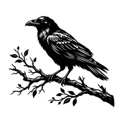 Obraz premium Vintage raven vector illustration, black crow perched on tree branch, gothic bird woodcut style, mystical wildlife graphic for logos