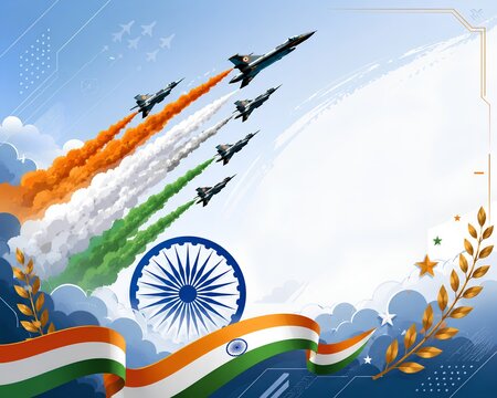 Indian Air Force Day greeting with fighter jets and tricolor smoke - ai generative