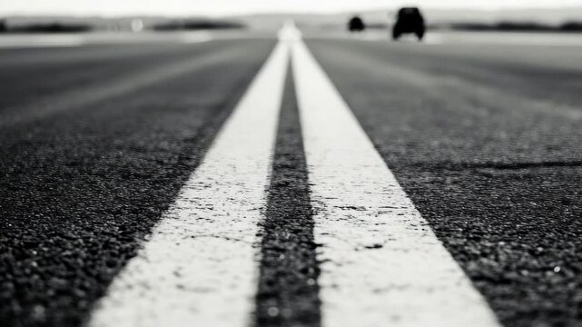 A blurred highway at night with white line markings, leading towards an oncoming car's headlights.