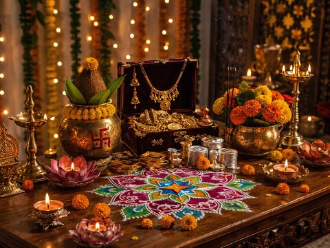 Dhanteras celebration banner with traditional festive elements arrangement - ai generative