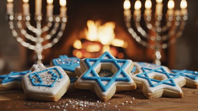 Hanukkah cookies and menorahs before a glowing fireplace