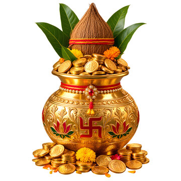 Pot filled with gold coins isolated on transparent background - ai generative