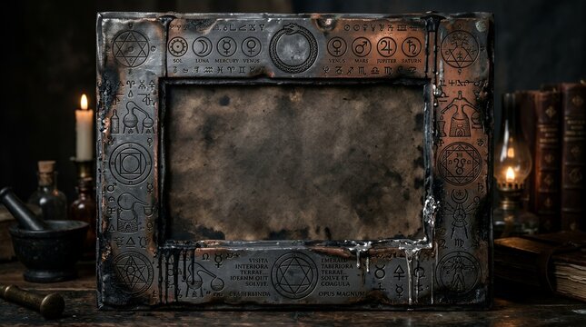 Ancient alchemical stone frame with mystic symbols.