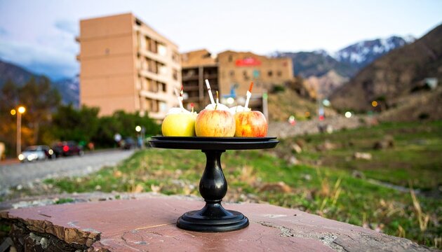 Baked Apples Dessert on Black Stand with Mountain Village Background