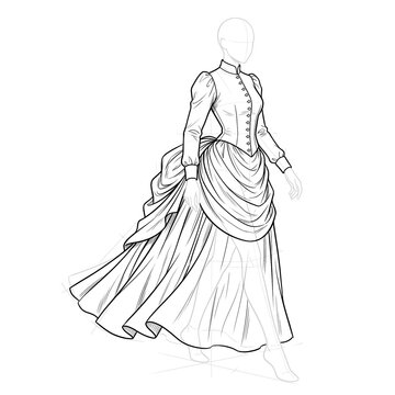 Action pose sketch of early 1870s soft bustle dress. Ink illustration.