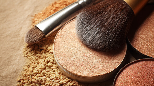 Makeup brushes resting on different shades of loose and compact face powder, highlighting beauty care and cosmetic products
