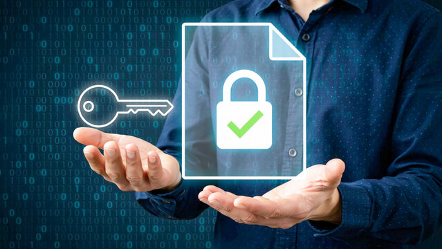 Secure digital document with verified lock and key, symbolizing data protection and access control in technology