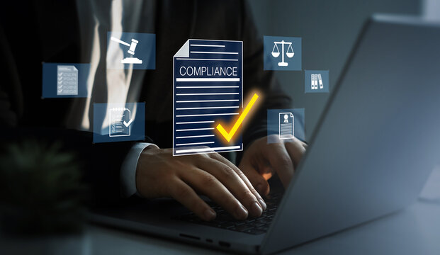Modern governance, legal standards, policy management ensuring transparency, safety, structured organizational control.Compliance law,corporate rules concept with documents, checkmarks, regulation