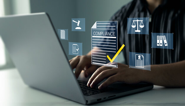 Modern governance, legal standards, policy management ensuring transparency, safety, structured organizational control.Compliance law,corporate rules concept with documents, checkmarks, regulation