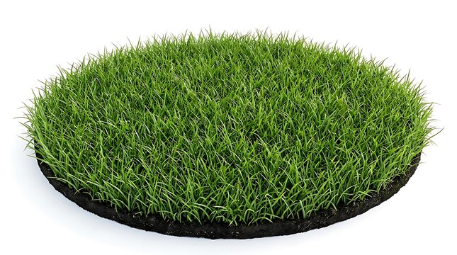 Circular green grass patch with organic soil layer isolated on white background for landscape design and architecture.