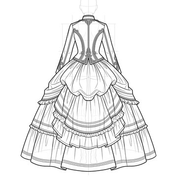 Back view sketch of Zouave jacket crinoline dress. Ink design.