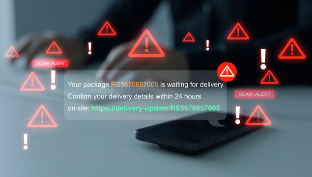 Fake postal service message requesting verification code for parcel delivery. Online phishing attack, package tracking scam, cyber fraud, mobile security and identity protection concept.	
