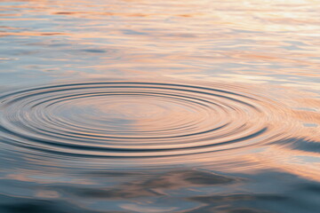 Fototapeta premium Soft ripples spread across calm blue water in warm evening light, creating a peaceful abstract scene with gentle rings, reflections and a serene mood.