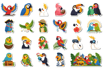 Obraz premium Tropical parrot sticker set, colorful macaw and toucan bird illustrations, 23 exotic avian vector icons for summer decor