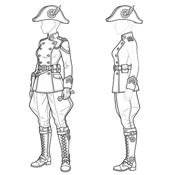 Side profile sketch of airship captain uniform. Line art.