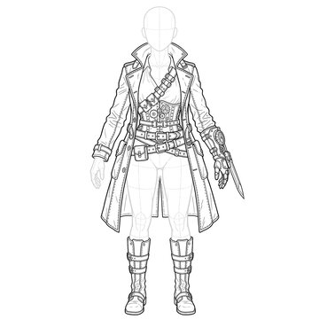 Hand drawn sketch of steampunk trench coat hunter. Front view.