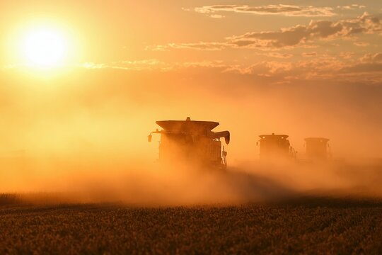 Agriculture harvesting with combine harvester in golden hour wheat field sunset
