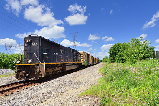 Running long-hood forward, a single Canadian National Railway locomotive, still painted for the former Illinois Central Railway, leads a local freight train southbound througj suburban Chicago.