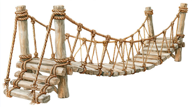 Watercolor Clipart of Rustic Wooden Suspension Bridge Isolated on White Background