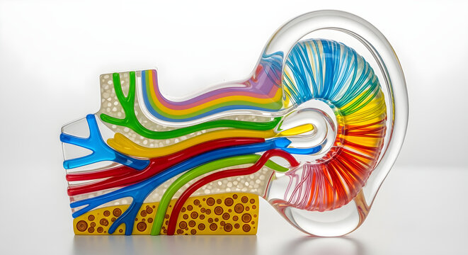 Colorful glass model of human ear anatomy showing inner structures and nerve pathways art.
