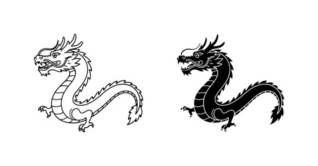 Fototapeta premium Chinese Dragon Vector Icons, Mythical Creature Line Art, Asian Folklore Symbol, Black and White