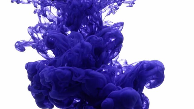 Blue ink cloud dissolving in clear water. Liquid swirl effect spreading inside transparent liquid. Abstract artistic background for creative design project concept.