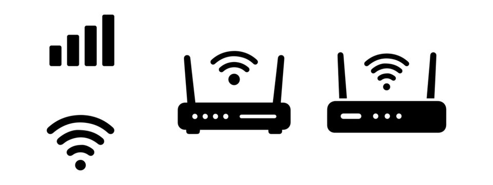 Modern Wi-Fi Signal Strength and Wireless Router Connection Icon Set for Network Technology