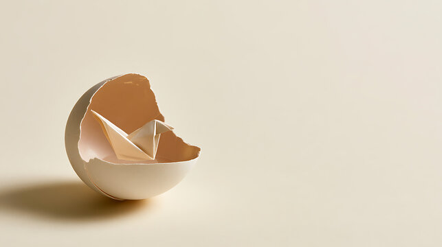 Tiny Origami Paper Boat Nestled Safely Inside a Broken Eggshell on a Soft Beige Background, Symbolizing New Beginnings and Fragile Journeys