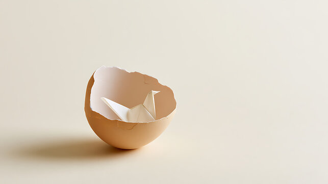 Delicate Origami Bird Inside a Broken Eggshell on a Minimalist Beige Background, Symbolizing New Beginnings and Fragile Hope