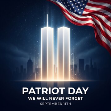 Patriot day memorial tribute with twin towers light beams and american flag background