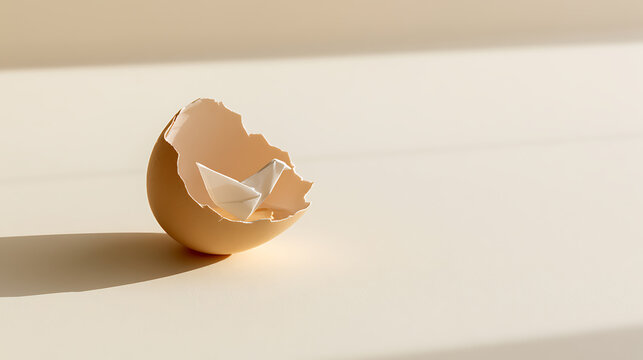 Minimalist composition with an empty, broken eggshell holding a delicate paper boat, bathed in natural light and soft shadows, on a light background