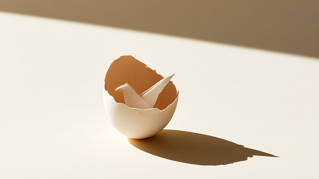Delicate origami bird nestled inside a broken eggshell on a soft, illuminated background, symbolizing new beginnings and fragile hope