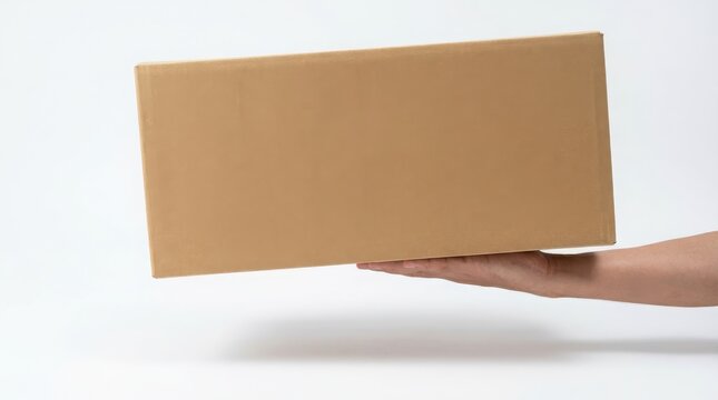 Cardboard box is held by a human hand against a white background.